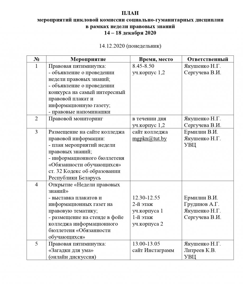 ПЛАН мероприятий цикловой комиссии социально-гуманитарных дисциплин в  рамках недели правовых знаний 14 – 18 декабря 2020 | Могилевский  Государственный Политехнический Колледж