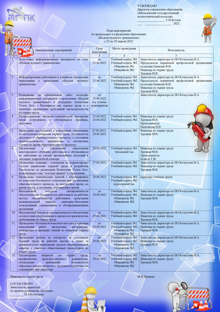 План проведения недели нулевого травматизма в детском саду